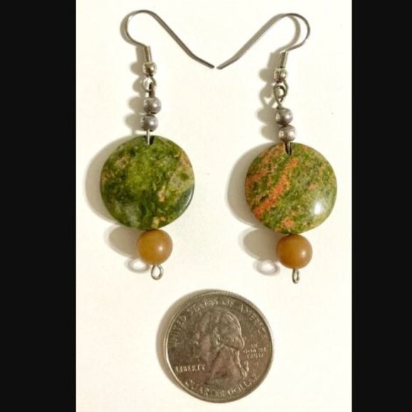 Unakite Beaded Earrings Natural Stone Round Drop Dangle Fish Hook Vintage - Picture 2 of 3